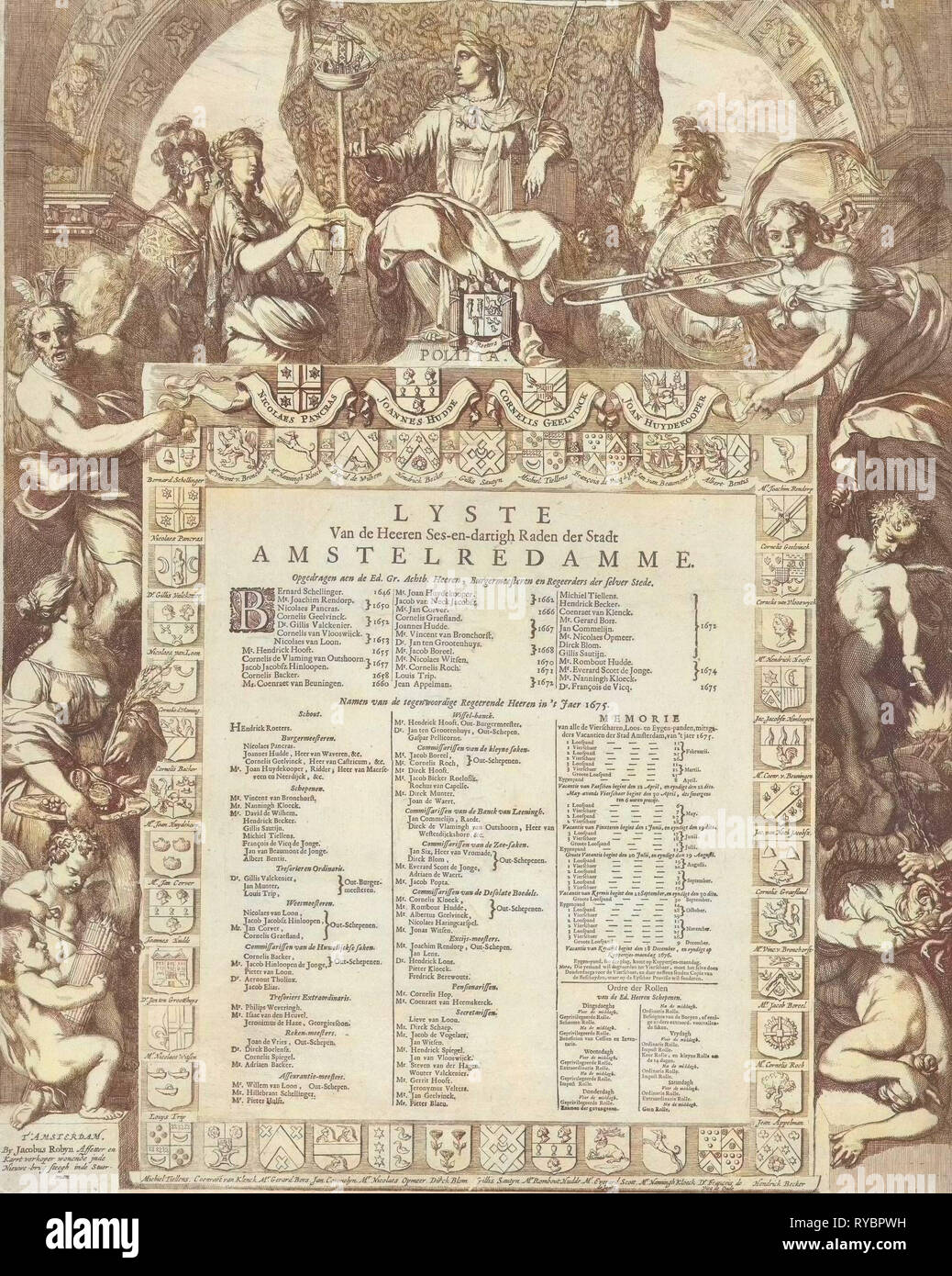 Allegorie der Vorstand der Stadt Amsterdam mit der Liste Name und Wappen der Mitglieder der Regierung, drucken Teekocher: Gerard de Lairesse, Jacobus Robijn, 1672 Stockfoto