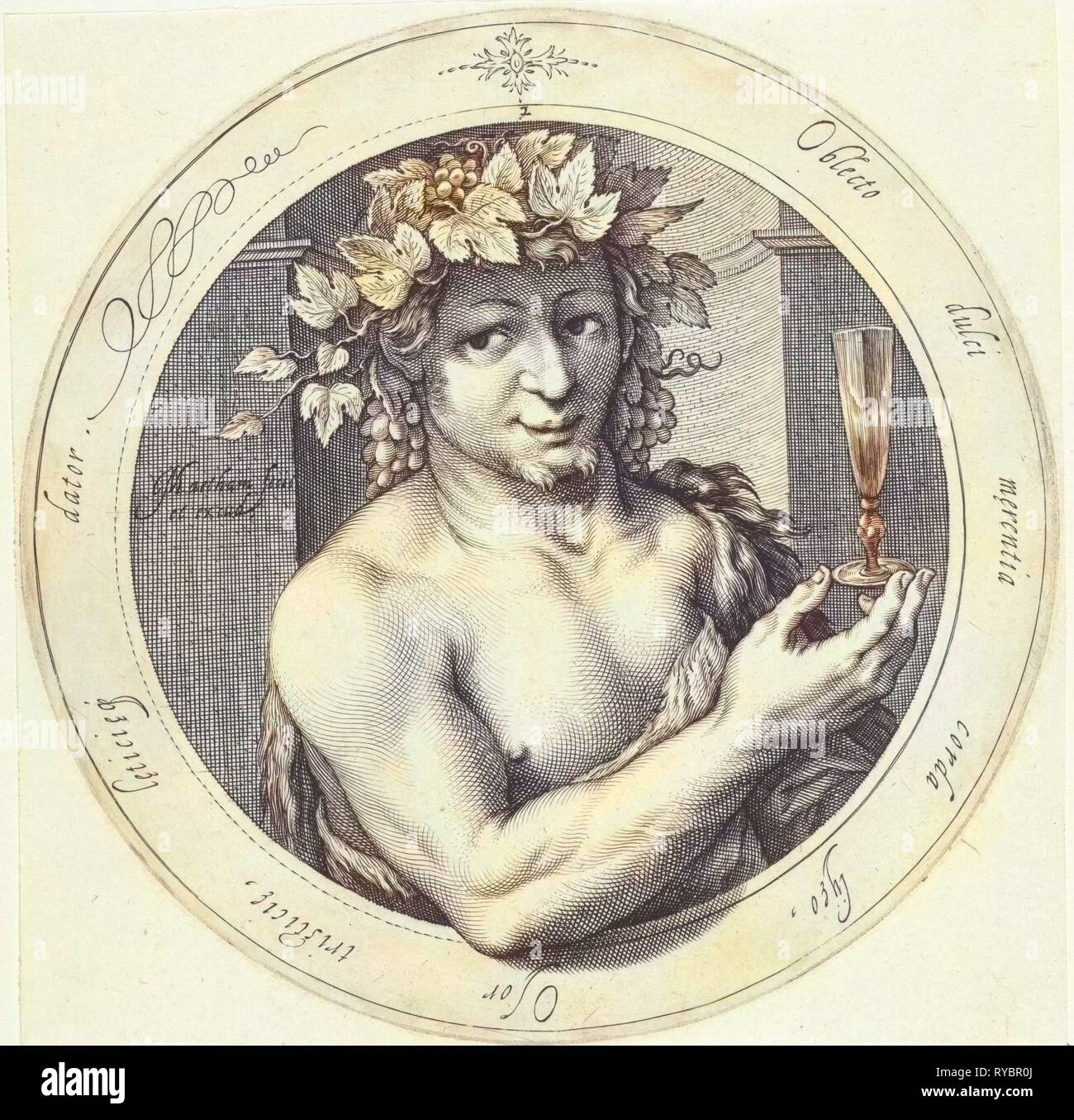 Bacchus mit Glas, Jacob Matham, 1599-1600 Stockfoto