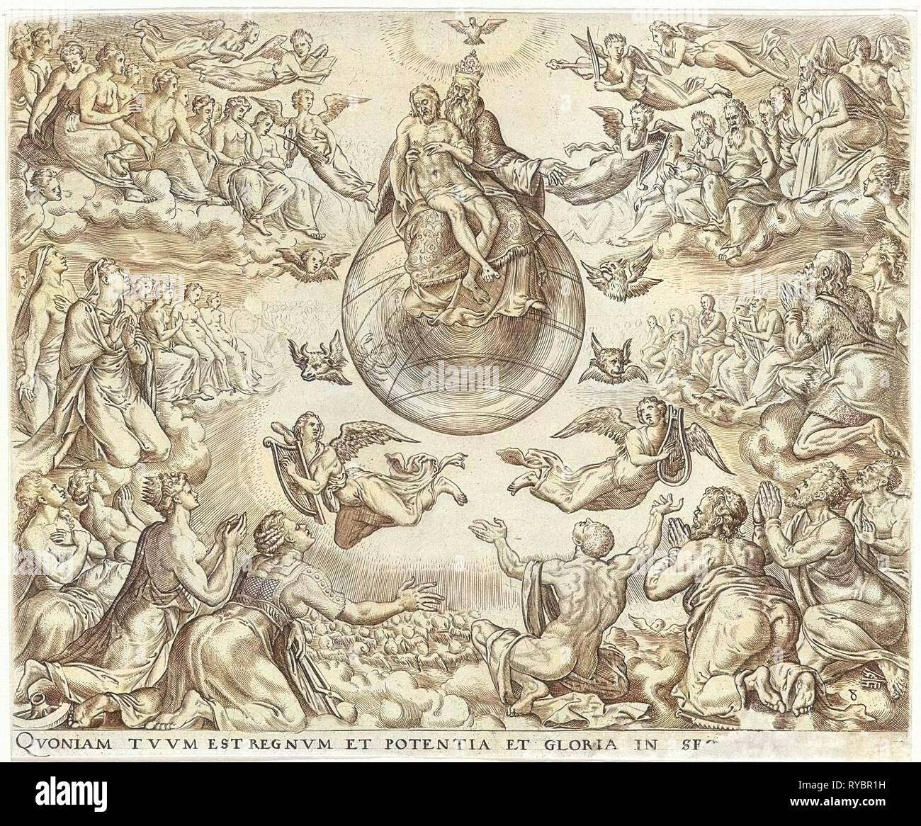 Anbetung der Dreifaltigkeit, Johannes Wierix, Maarten van Heemskerck, Philips Galle, 1569-1573 Stockfoto