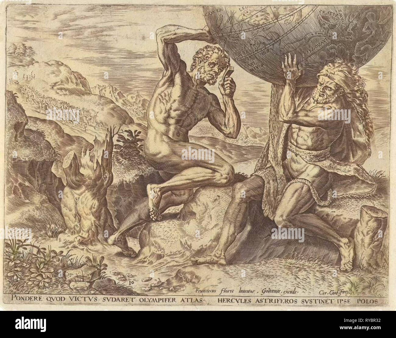 Hercules ist der Globus der Atlas und trägt ihn auf seine Schulter, Atlas, bevor Herkules stehlen die goldenen Äpfel der Hesperiden, drucken Teekocher: Cornelis Cort (auf Objekt erwähnt), Dating in oder nach 1563 - vor 1595 Stockfoto