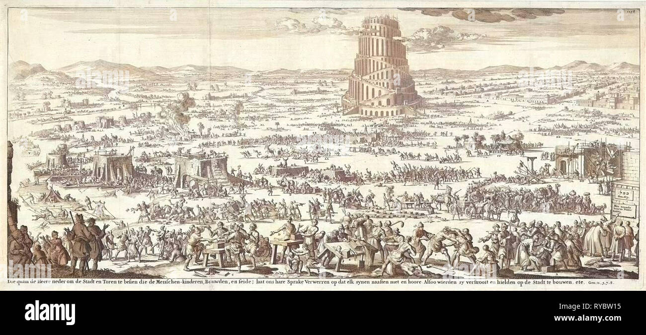 Turm zu Babel, Jan Luyken, Willem Goeree, 1690 Stockfoto