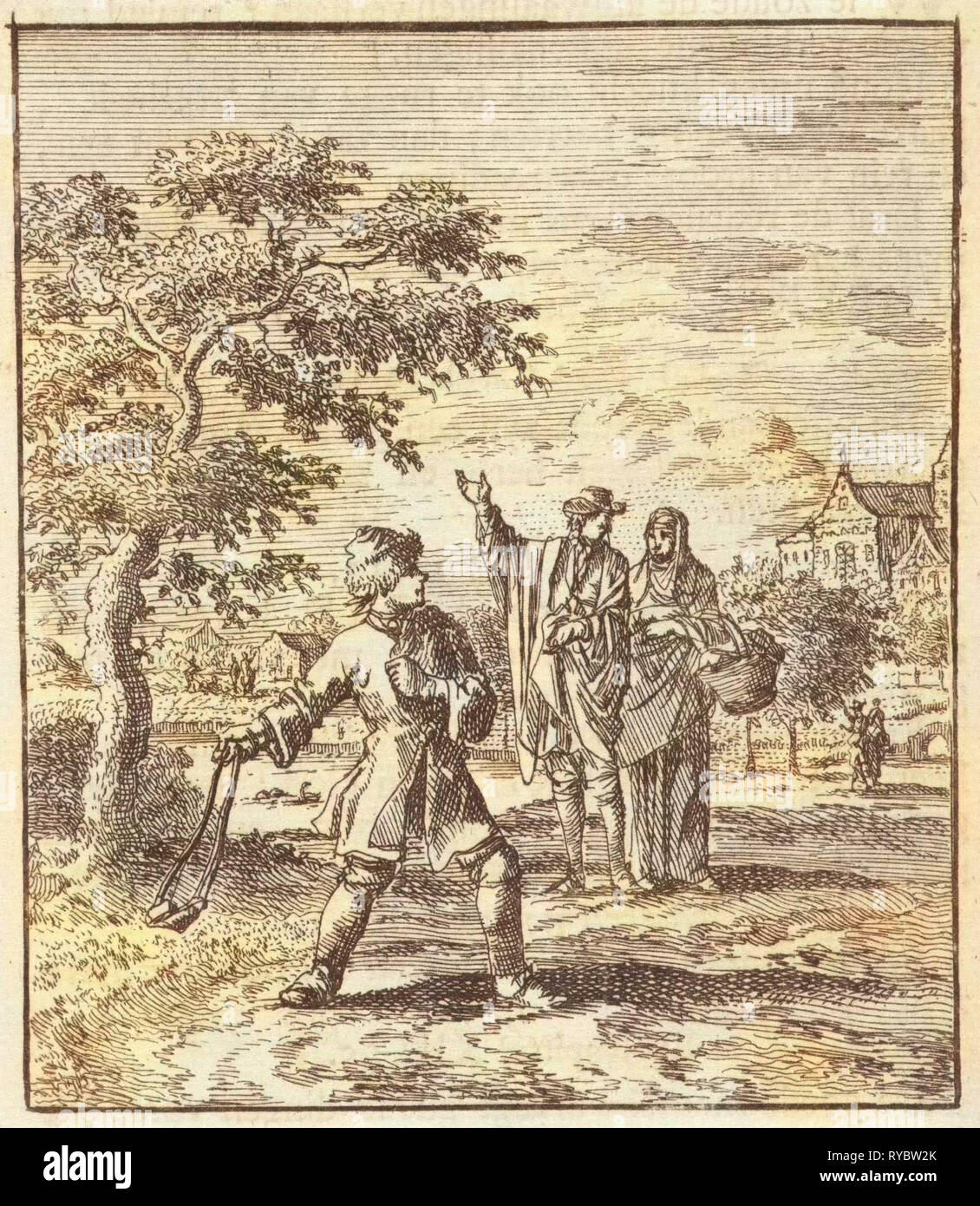 Ein Junge, schwingt ein Stein, Jan Luyken, Zacharias Chatelain II, Mi. Pieter Arentsz II, 1712 Stockfoto