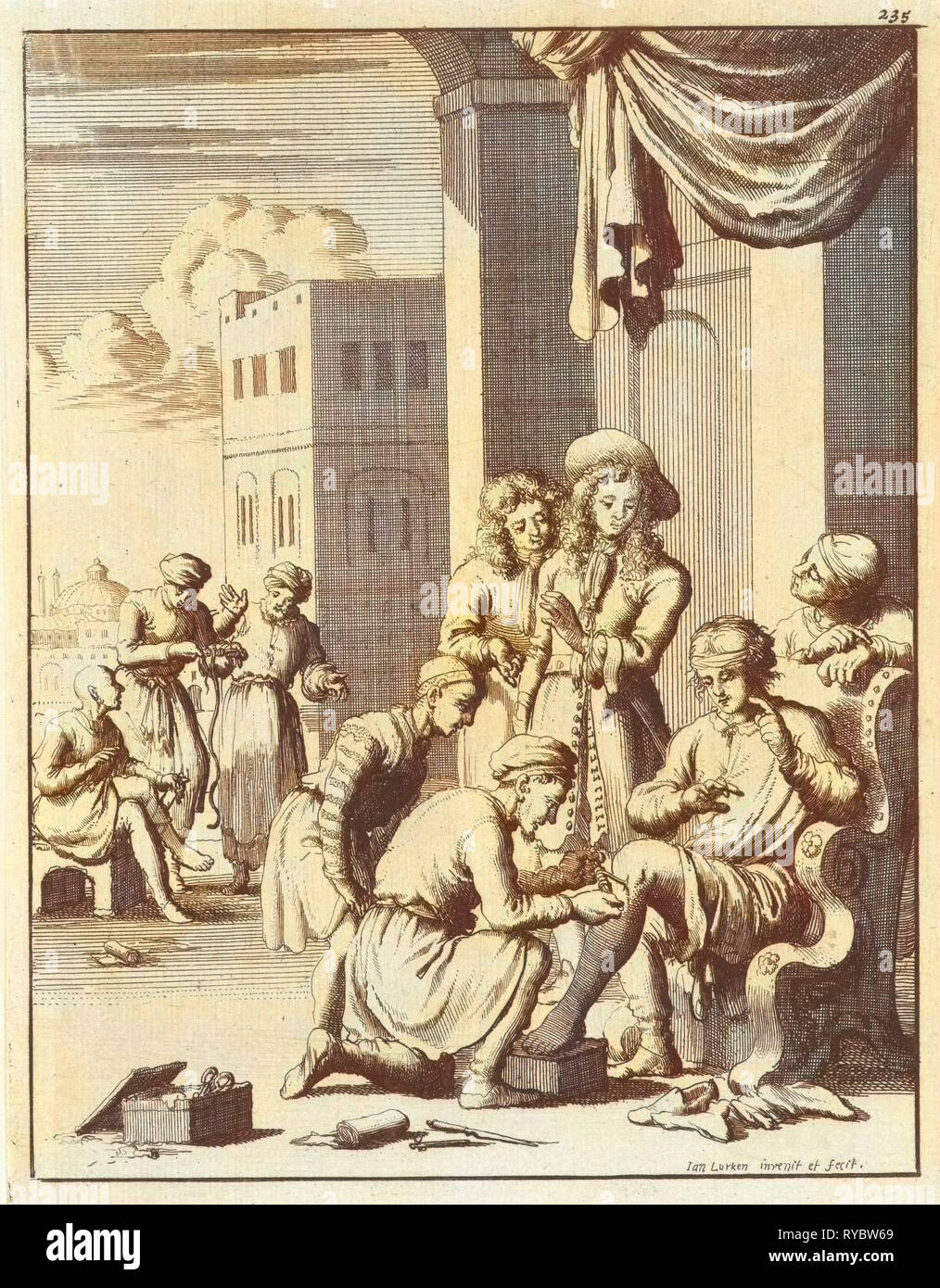 Operation, um Würmer entfernen aus einem Bein bei Bender Abassi, Jan Luyken, 1682 Stockfoto