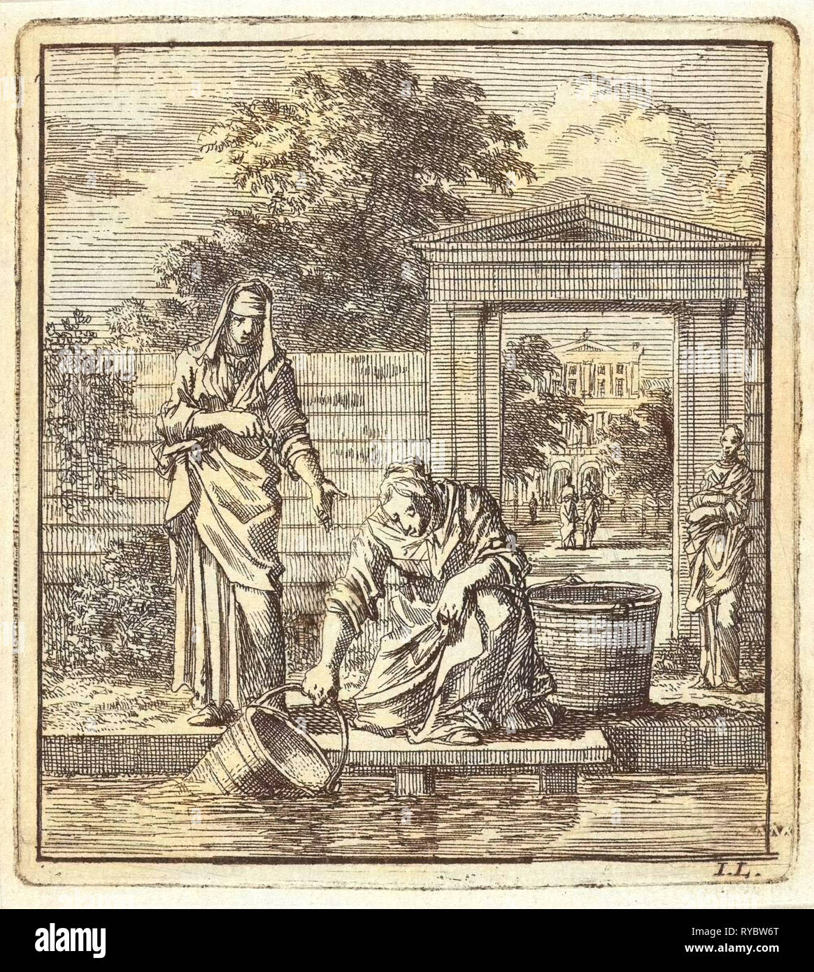 Eine Frau füllt einen Eimer mit Wasser auf einen Steg, Jan Luyken, Mi. Pieter Arentsz, Cornelis van der Sys II, 1711 Stockfoto