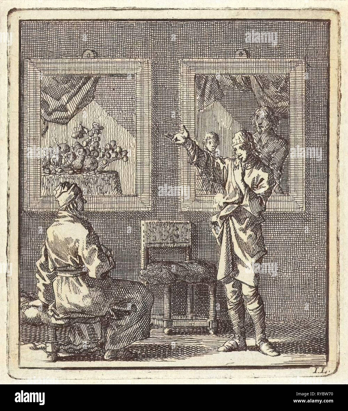 Junger Mann spricht über die Gemälde hinter ihm hängenden, drucken Teekocher: Jan Luyken, wed. Pieter Arentsz & Cornelis van der Sys II, 1711 Stockfoto