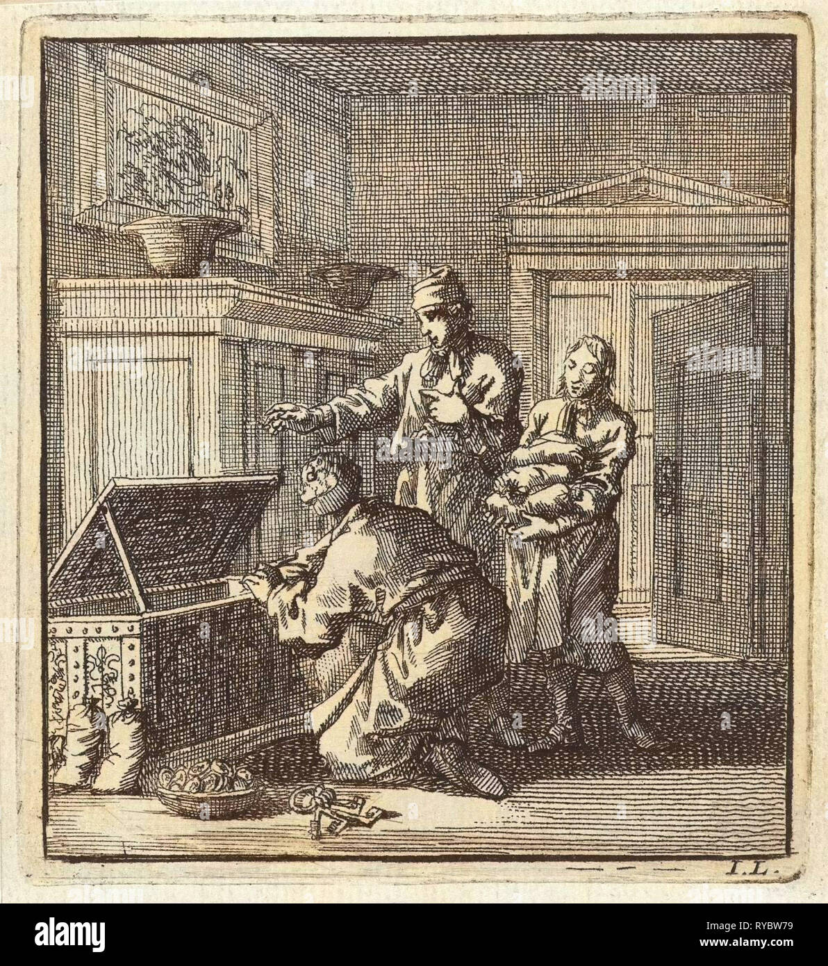 Drei Männer in der Nähe eine Spardose, Jan Luyken, Mi. Pieter Arentsz & Cornelis van der Sys (II), 1711 Stockfoto