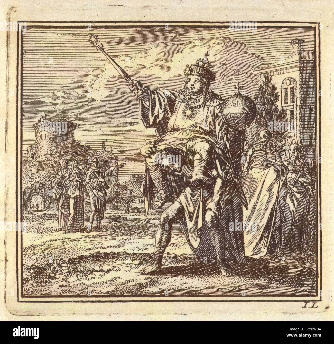 Der Mensch durch das Gewicht der Würdenträger auf seinem Rücken, dessen Mantel von Tod und Teufel durchgeführt wird belastet, Jan Luyken, wed. Pieter Arentsz, Cornelis van der Sys II, 1710 Stockfoto