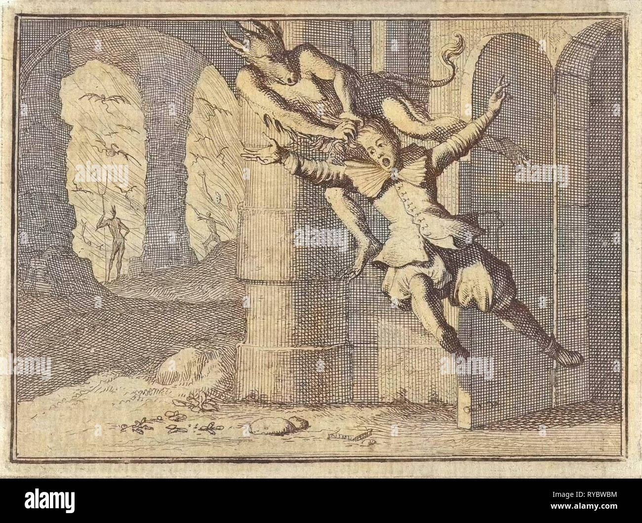 Soldat in die Hölle durch einen Teufel geschleppt, weil er sich weigerte zu beichten, Caspar Luyken, Christoph Weigel, Frantz Martin Hertzen, 1710 Stockfoto