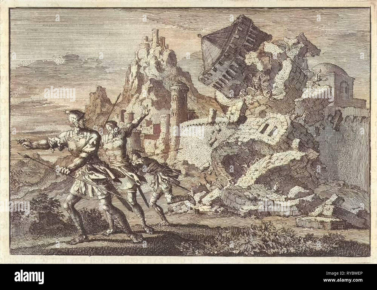 Römische Soldaten machen einen Turm an der Wand von Gamala Zusammenbruch durch eine Aushöhlung, Jan Luyken, Pieter Mortier, 1704 Stockfoto