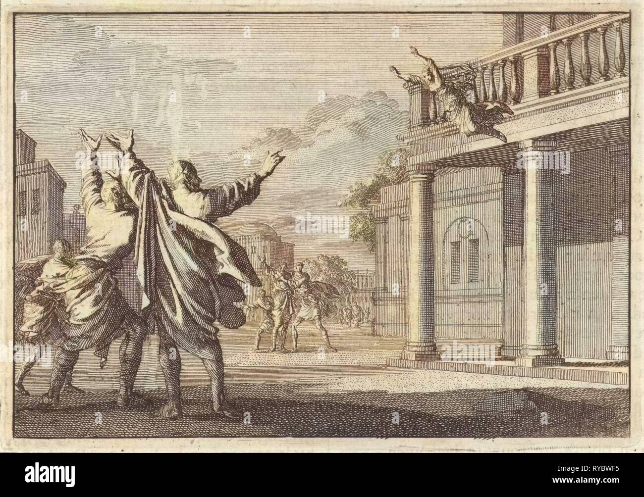 Witwe von Pheroras versucht, Selbstmord zu begehen, durch einen Sprung auf die Straße, Jan Luyken, Pieter Mortier, 1704 Stockfoto