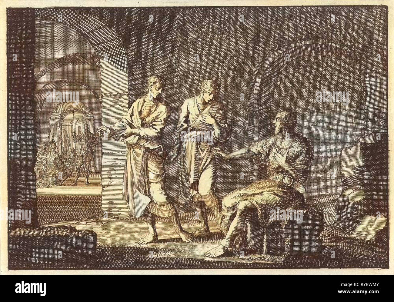 Johannes der Täufer im Gefängnis, Jan Luyken, Pieter Mortier, 1703 Stockfoto