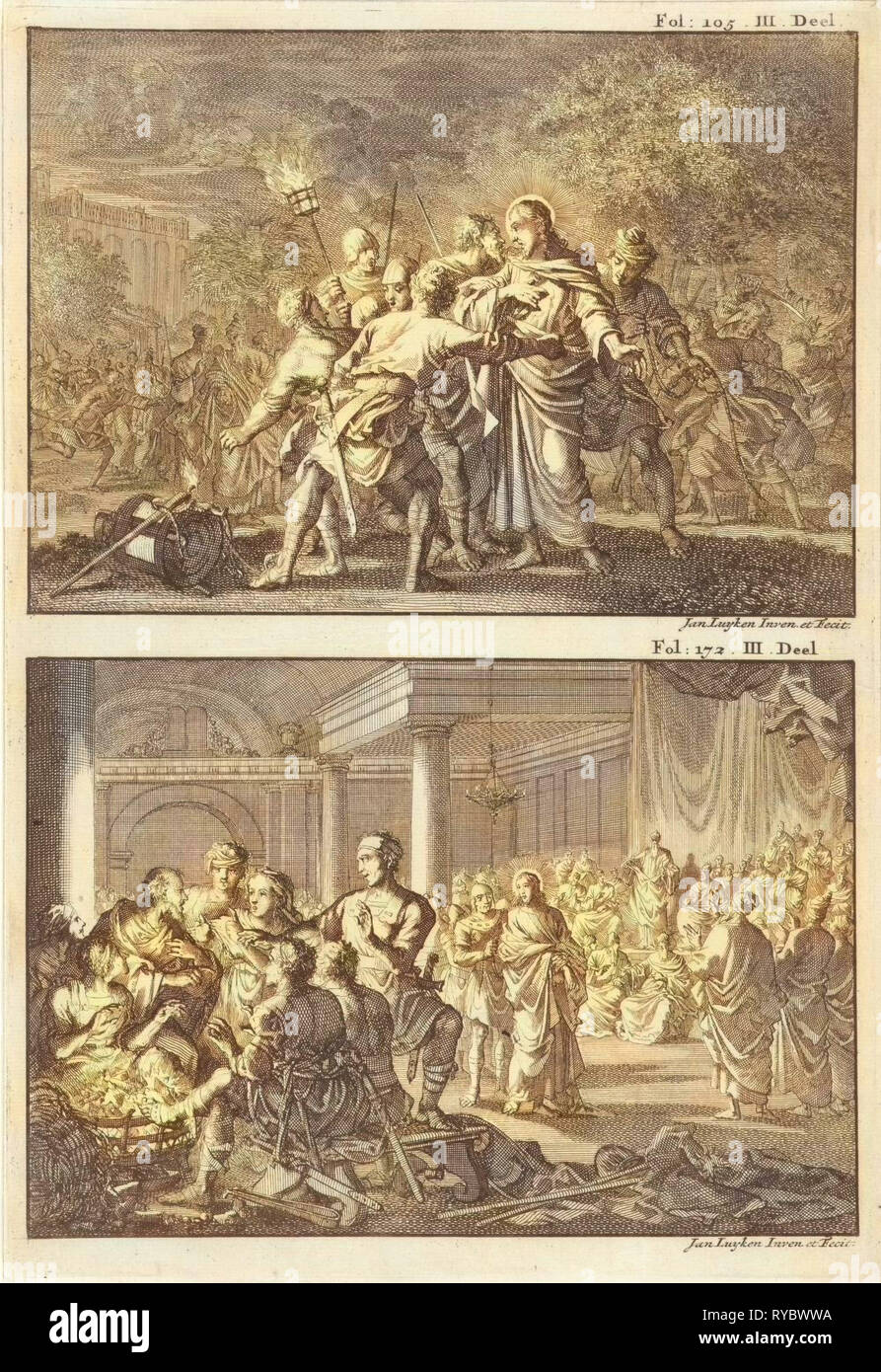 Verhaftung von Christus und Petrus leugnet Christus, Jan Luyken, Willem Broedelet, 1700 Stockfoto
