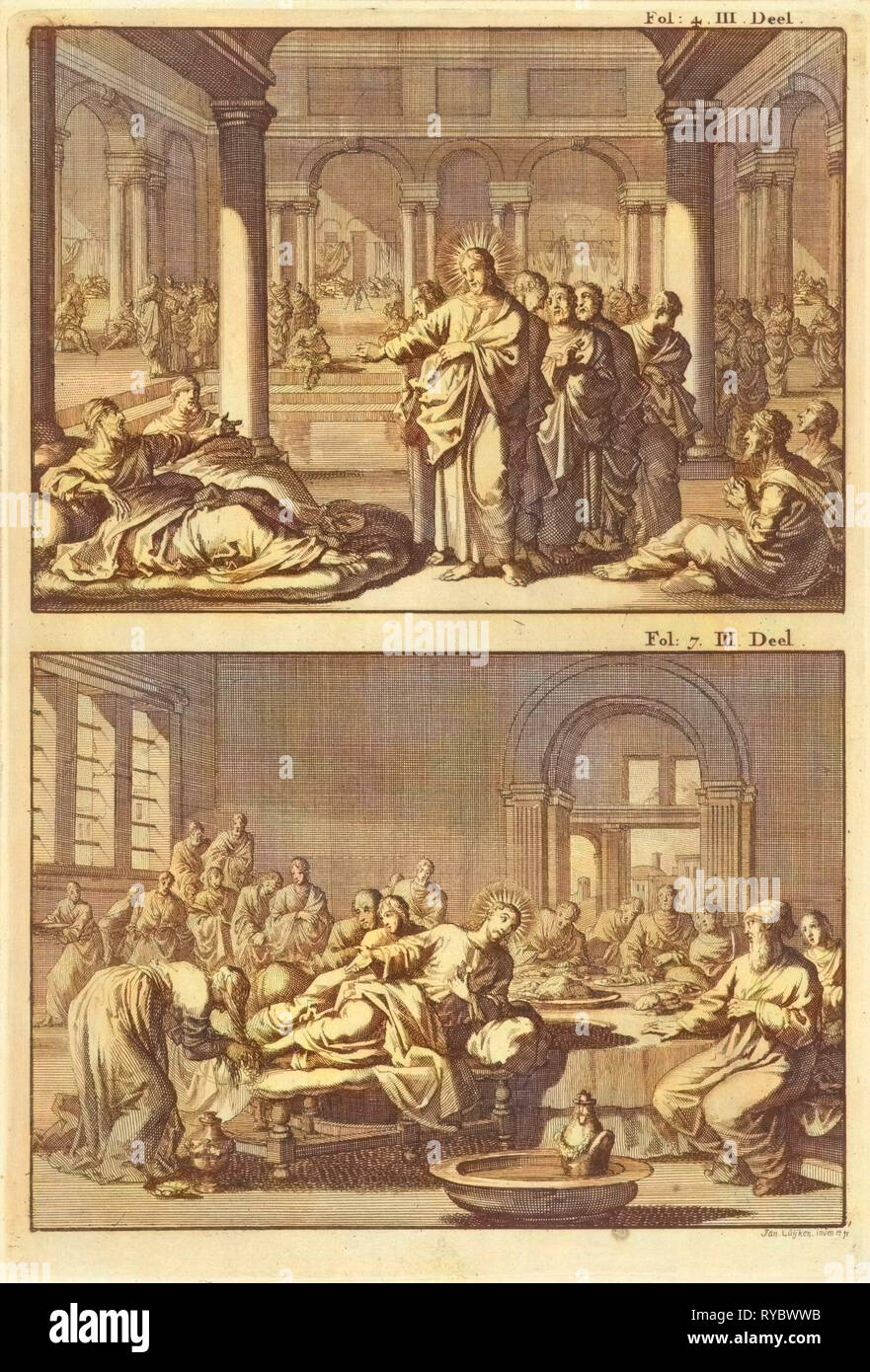 Christus und seine Jünger in das badehaus Siloah und Christus als der Gast der Simon der Pharisäer, Jan Luyken, Willem Broedelet, 1700 Stockfoto