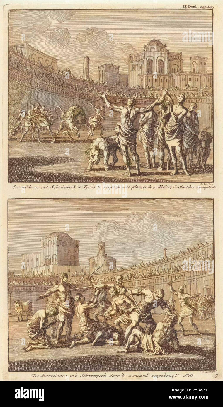 Die frühen christlichen Märtyrer in einer römischen Arena und frühen christlichen Märtyrer, die in einer Arena geschlachtet werden, Jan Luyken, Jacobus van Hardenberg, barent Visscher, 1701 Stockfoto
