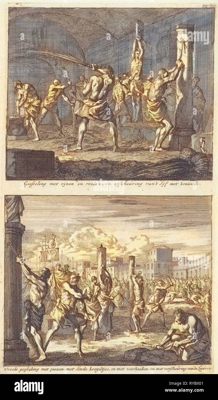 Christen sind in einer Zelle ausgepeitscht und Christen sind in der Öffentlichkeit, Jan Luyken ausgepeitscht, Jacobus van Hardenberg, Barent Visscher, 1700 Stockfoto