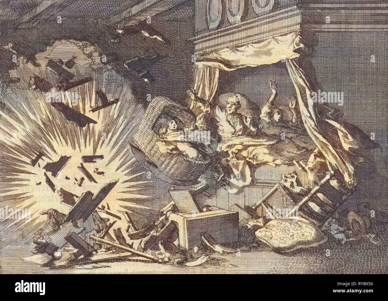 Explosion einer Bombe in einem Haus am Ebbingestraat Groningen, Niederlande 1672, Jan Luyken, Pieter van der Aa ich, 1698 Stockfoto