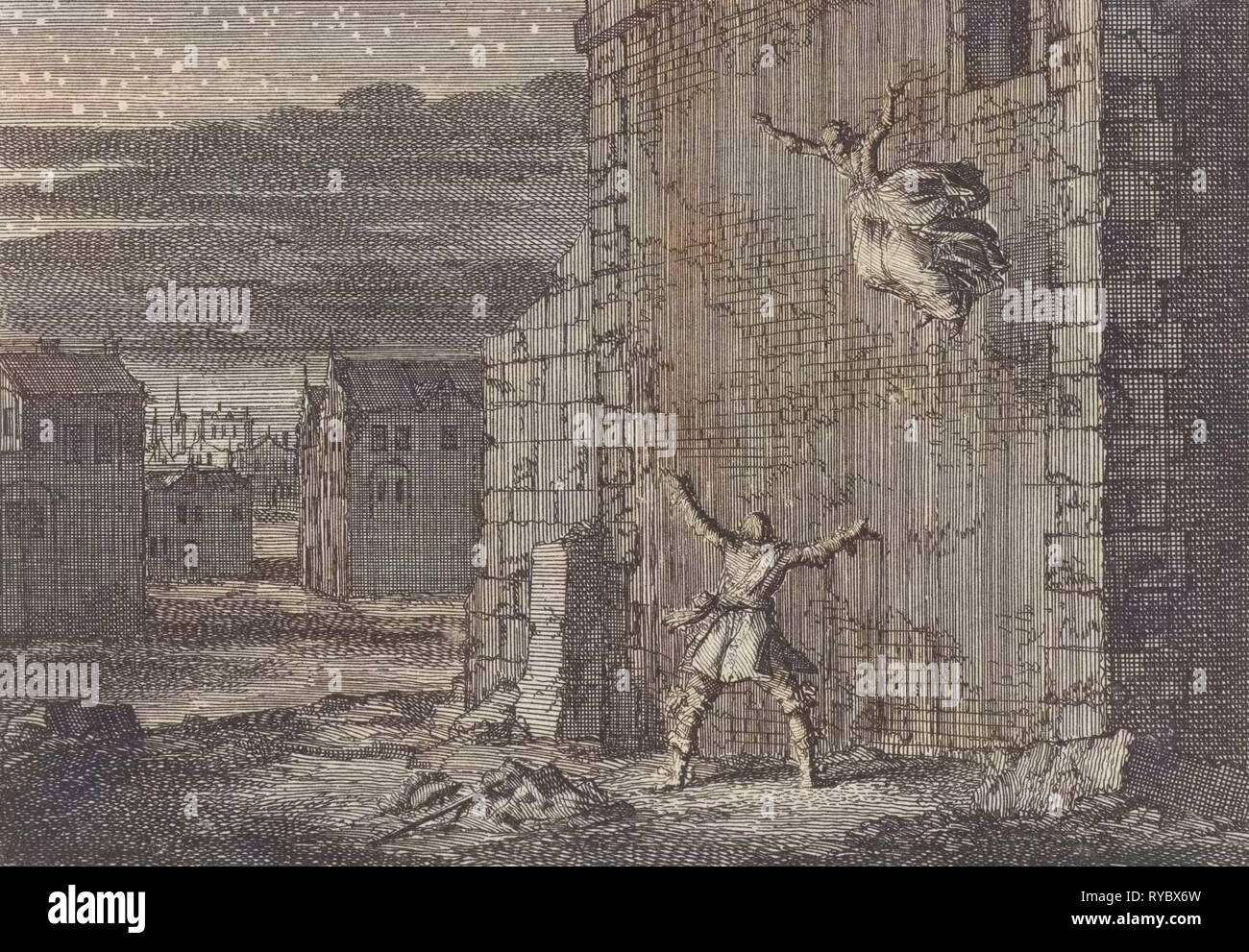 Gräfin von Aubigny Flucht aus ihrem Gefängnis in London durch einen Sprung aus dem Fenster, 1643, Jan Luyken, Pieter van der Aa (I), 1698 Stockfoto