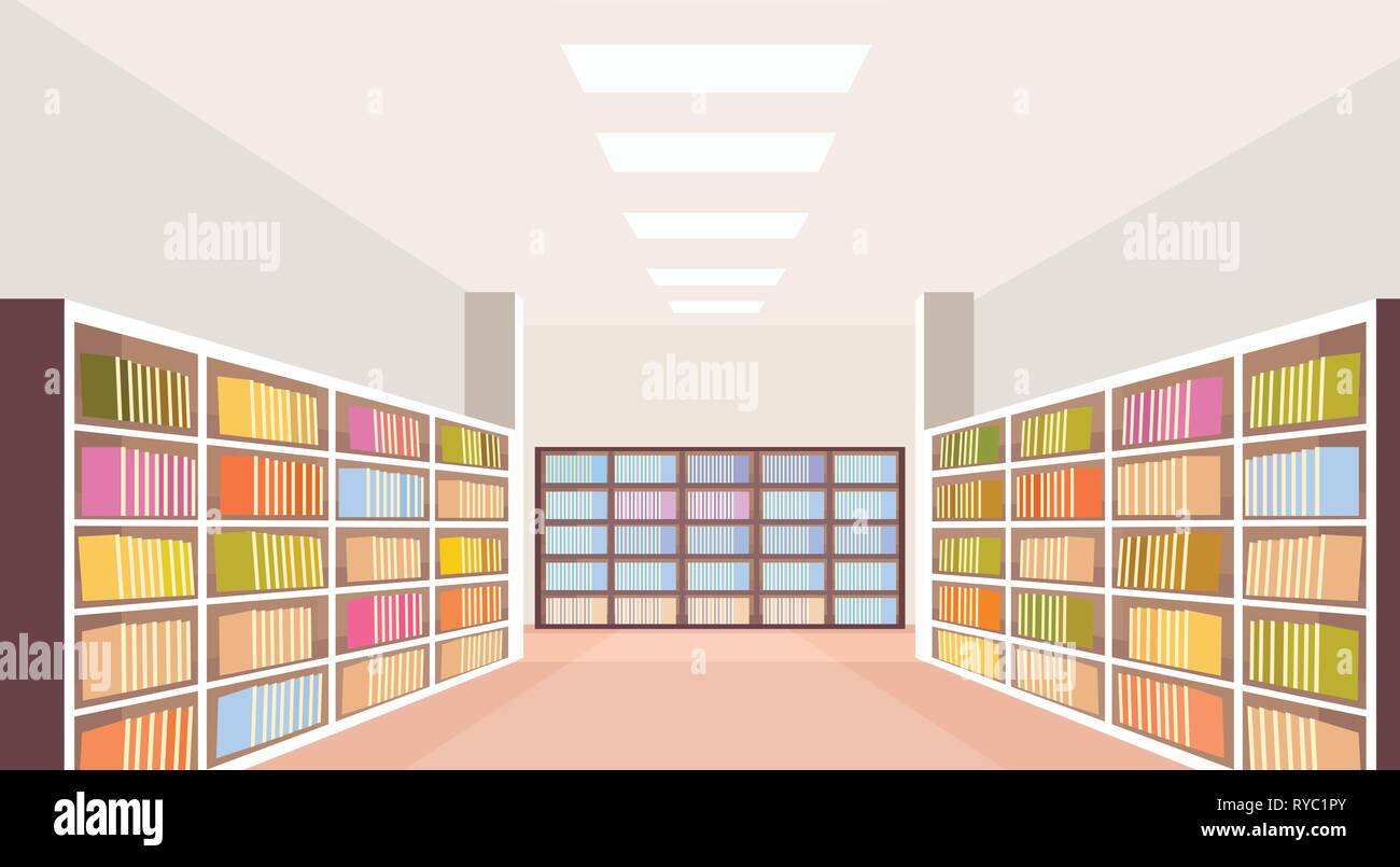 Moderne Bibliothek Innenraum Bücherregal leer keine Personen Zimmer Bücherregal mit Bücher lesen Bildung wissen Konzept waagrechten Stock Vektor
