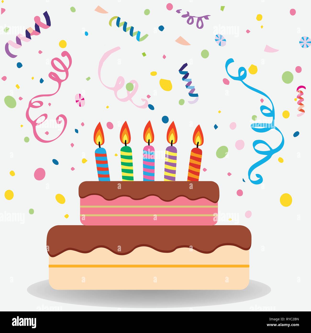 Geburtstag Kuchen mit fünf Kerzen brennen und Konfetti Stock-Vektorgrafik