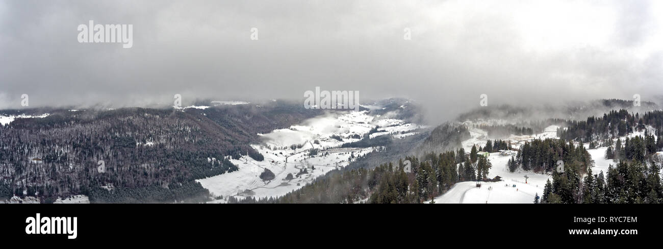 Atemberaubende drone geschossen von einer verschneiten Bergwald. Die Top-down-drohne Schuß Schüsse verschneiten Pfaden, die sich durch einen Wald nach frischem Schneefall. Stockfoto