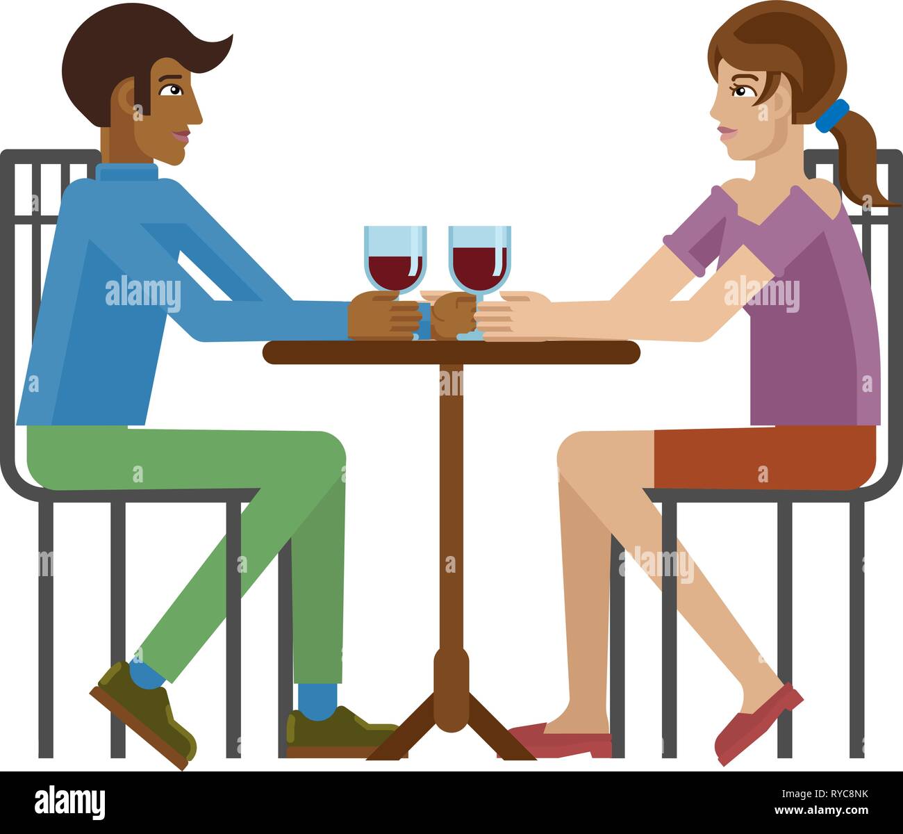 Junges Paar Abendessen Wein Restaurant Cartoon Stock Vektor