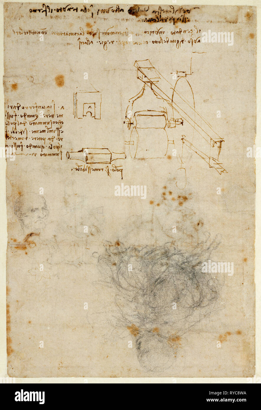 Kopf eines alten Mannes, und Studien von Maschinen von Leonardo da Vinci (Italien, 1452-1519); Italien; ca. 1503 - 1506; Schwarze Kreide, Feder und Tinte braun digitales Bild mit freundlicher Genehmigung von der Getty Open Content Programm. Stockfoto