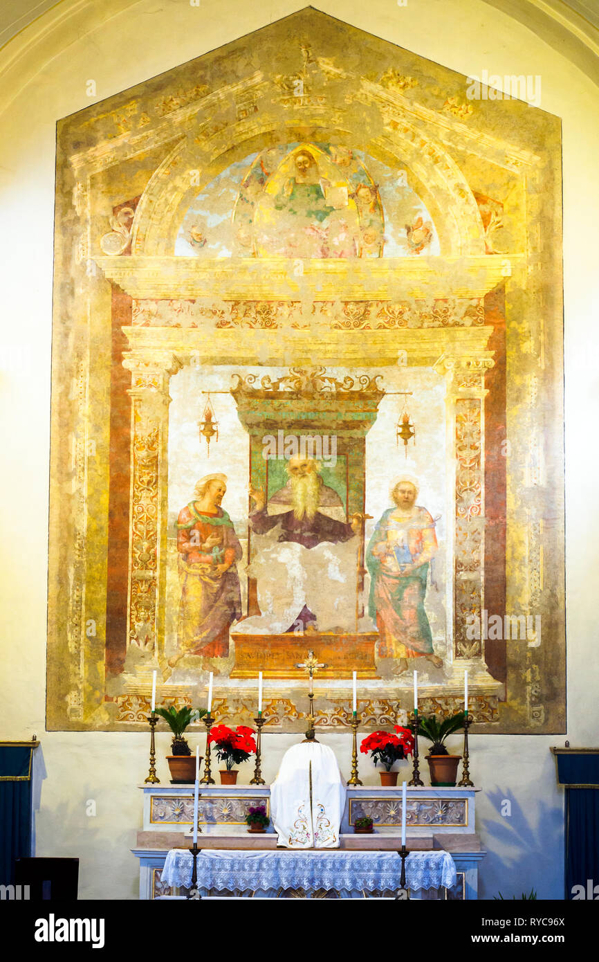 Sant'Antonio Abate Tra i Santi Paolo Eremita e Marcello (1508) von Pietro Vannucci als "Il Perugino" (1450 - 1523) - Chiesa di San Pietro, Città della Pieve, Perugia, Italien bekannt Stockfoto