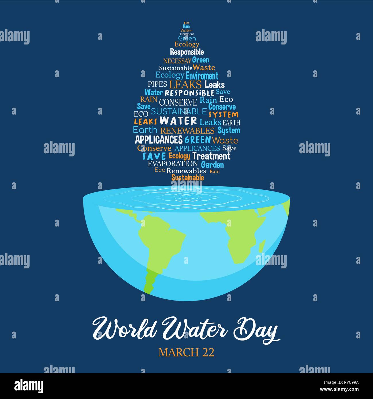 Weltwassertag Illustration für Klimawandel und Umwelt Care Concept. Blue Planet Erde mit Wassertropfen Form Zitate. Stock Vektor