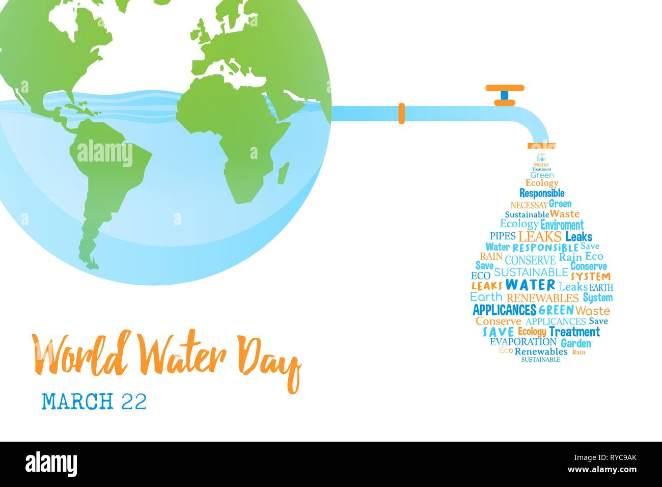 Weltwassertag Illustration für Klimawandel und Umwelt Care Concept. Blue Planet Erde mit Wassertropfen Form Zitate. Stock Vektor