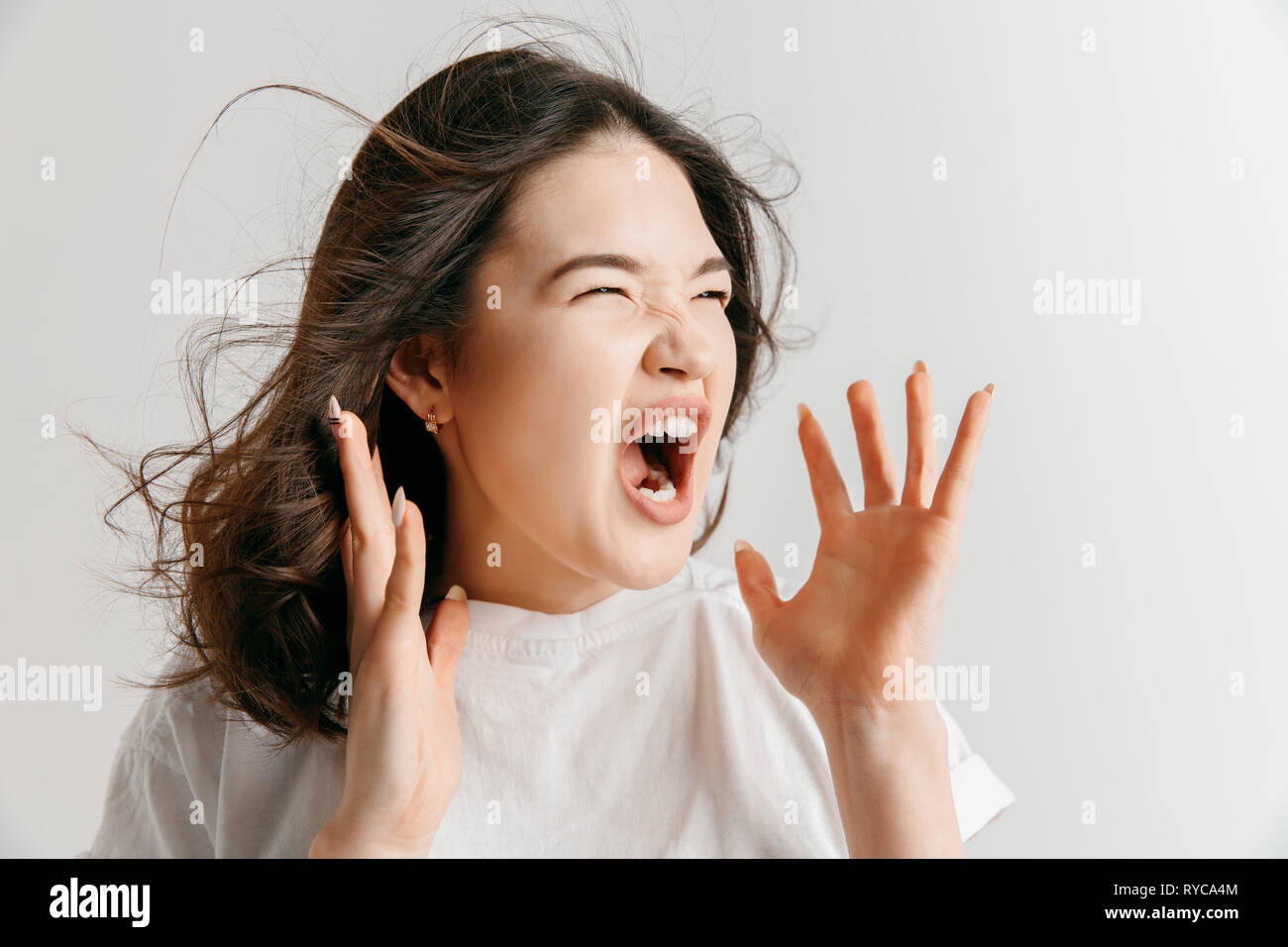 Schreien, Hass, Wut. Weinend emotionale wütend asiatische Frau schreiend auf Grau studio Hintergrund. Emotionale, junges Gesicht. Weibliches Brustbild. Menschliche Gefühle, Mimik Konzept. Stockfoto