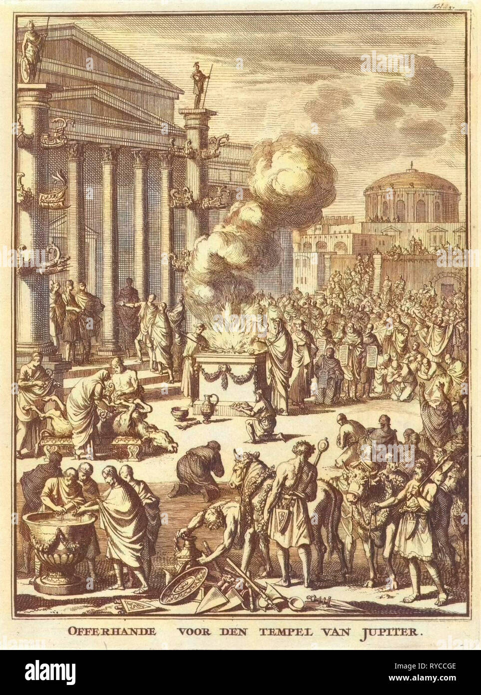 Aufopfernde Zeremonie vor dem Tempel des Jupiter in Rom, Italien, Jan Luyken, François Halma, Willem van de Wasser, 1697 Stockfoto