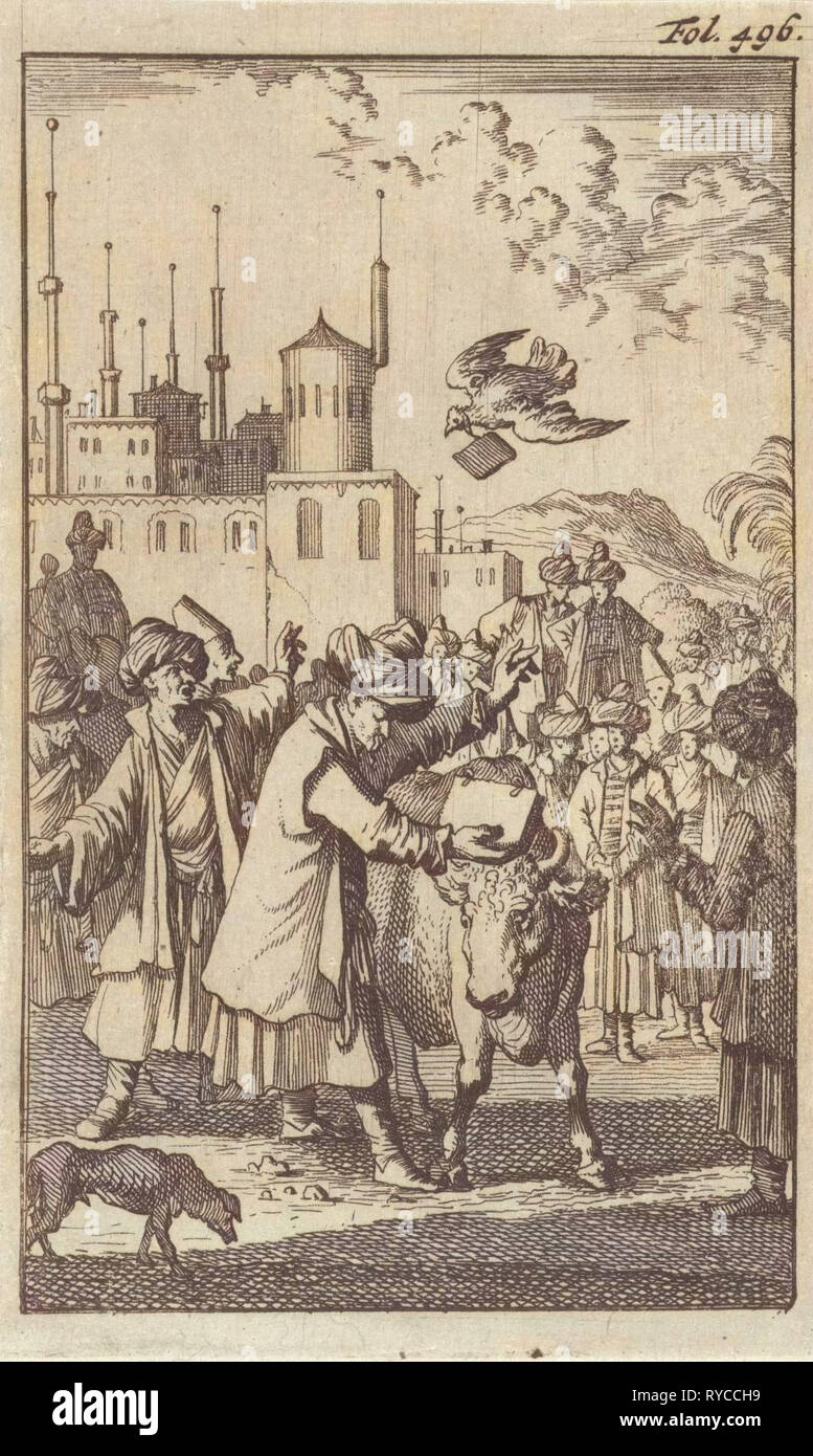 Auf einem großen Platz eine Masse der Türken sieht, wie Mahomed nimmt ein Buch, das zwischen die Hörner eines Stieres gehalten wird, Caspar Luyken, Timotheus zehn Hoorn, 1696 Stockfoto