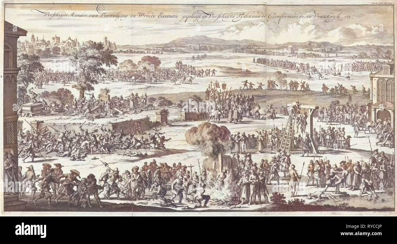 Verfolgungen und Hinrichtungen der Protestanten in Frankreich während der französischen Religionskriege, Jan Luyken, 1696 Stockfoto