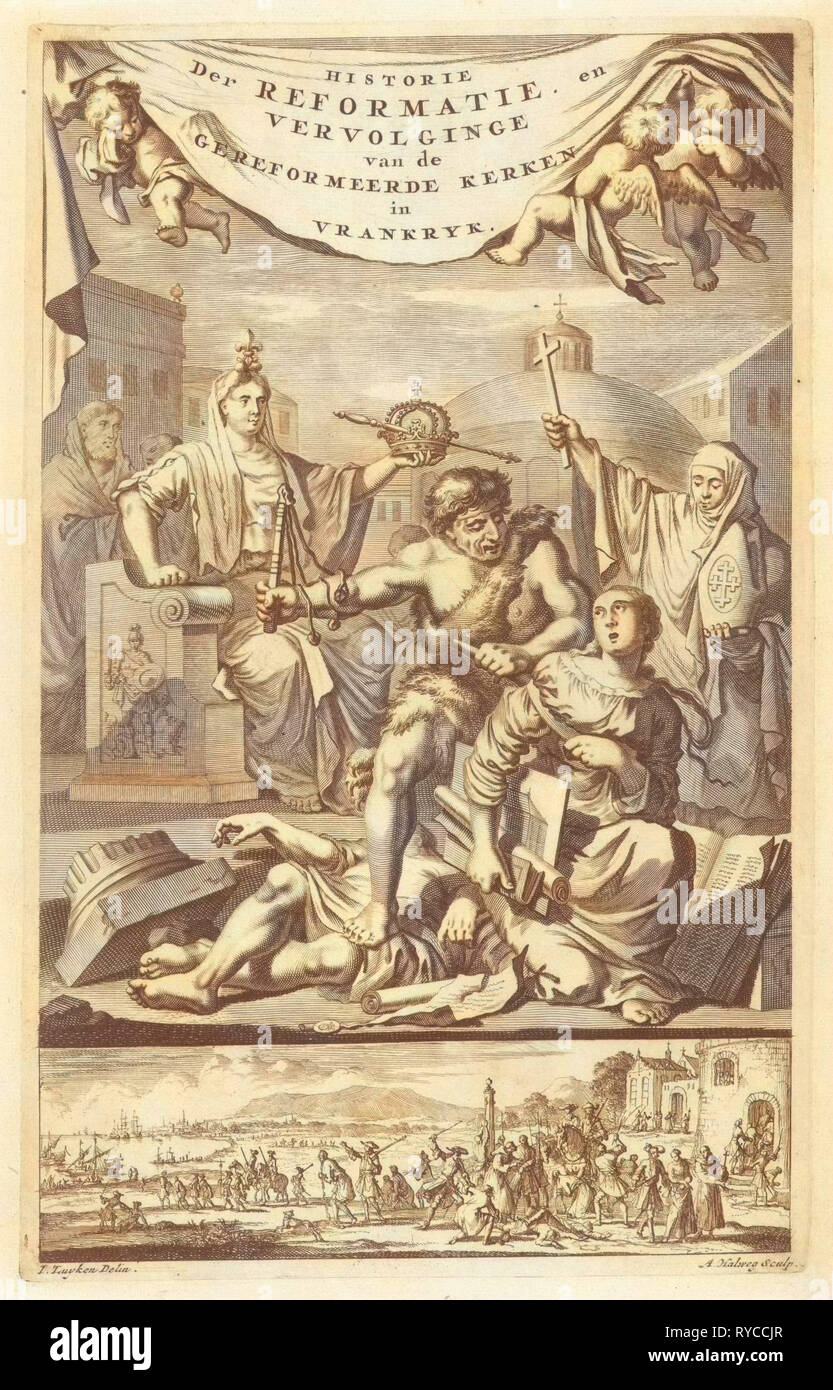 Gallia und der französischen katholischen Kirche beobachten, wie die Reformierte Kirche gepeitscht wird, Adriaen Haelwegh, Jan Luyken, Jan Claesz zehn Hoorn, 1696 Stockfoto