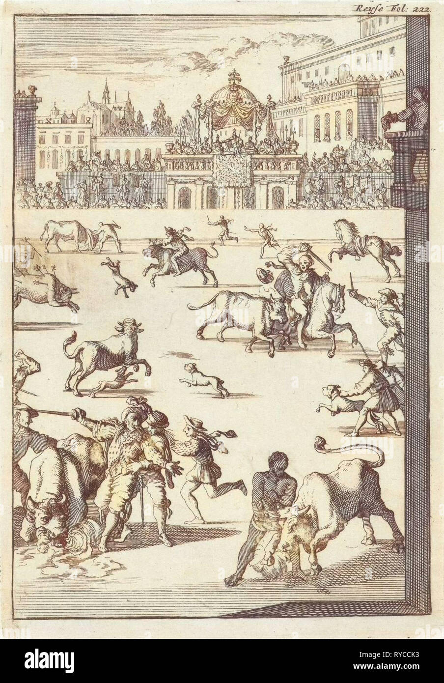 Stierkampf in einer Arena, Caspar Luyken, Willem Broedelet, 1696 Stockfoto