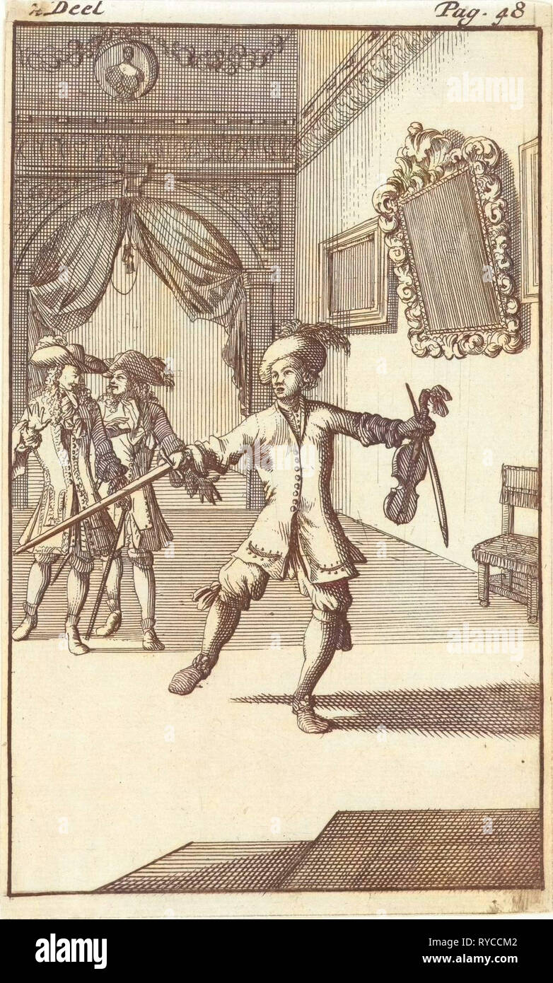 Mirandor und Belindor erhält Besuch von einem Mann, der führt Tanzschritte, drucken Teekocher: Caspar Luyken, Pieter van Rijschooten, 1695 Stockfoto