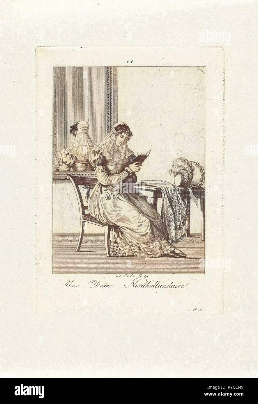 Eine Lesung Frau in Tracht aus Nord Holland, den Niederlanden, Carl Cristiaan Fuchs, Pieter van der Meulen, Hendrik Greeven, 1802 - 1855 Stockfoto