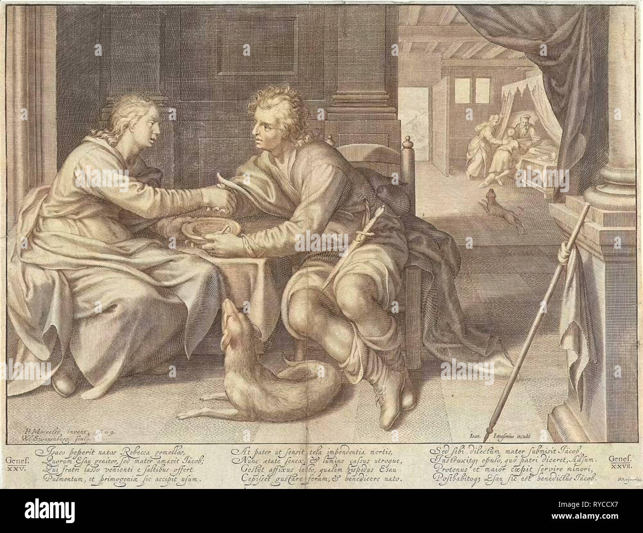 Esau verkauft sein Erstgeburtsrecht an Jakob William Isaacsz. van Swanenburg, Petrus Scriverius, Johannes Janssonius, 1609 Stockfoto