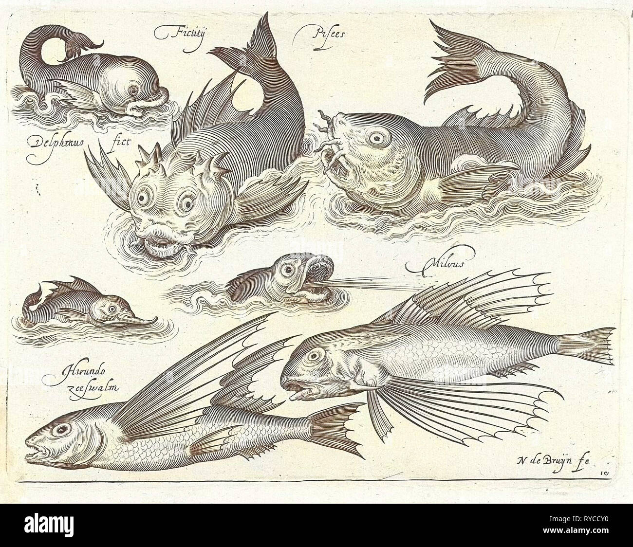 Fantastische Wirbellosen, darunter Delphin und Leierfischen, Nicolaes de Bruyn, 1581-1656 Stockfoto