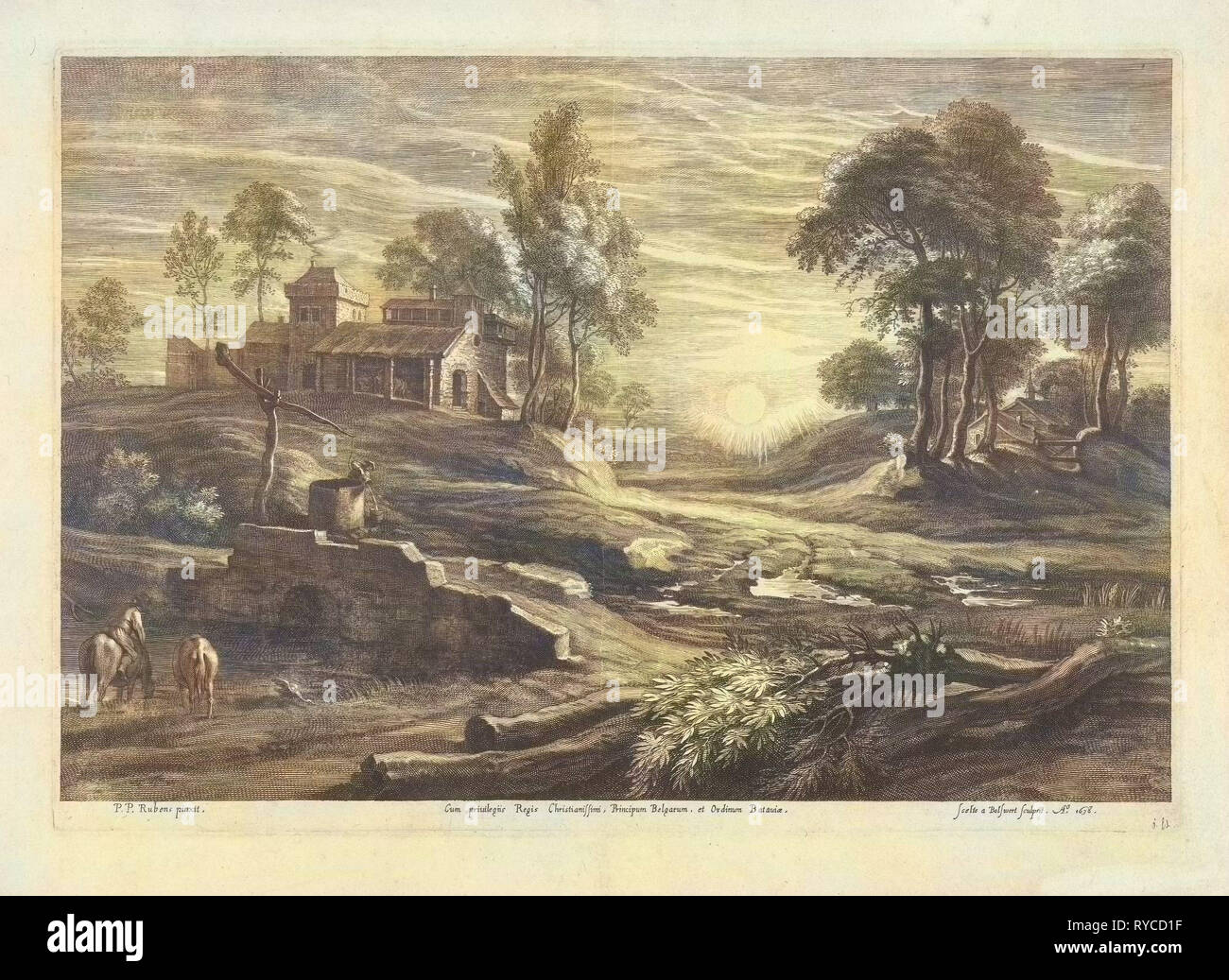 Landschaft mit Brunnen und Sonne, Schelte Adamsz. Bolswert, 1638 Stockfoto