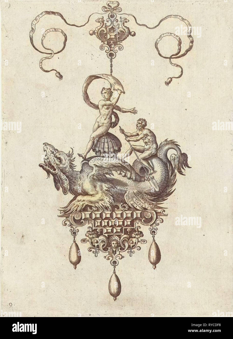 Anhänger mit Drachen mit einem doppelten shell auf dem Rücken, Adriaen Collaert, Hans Collaert ich Philips Galle, 1582 Stockfoto