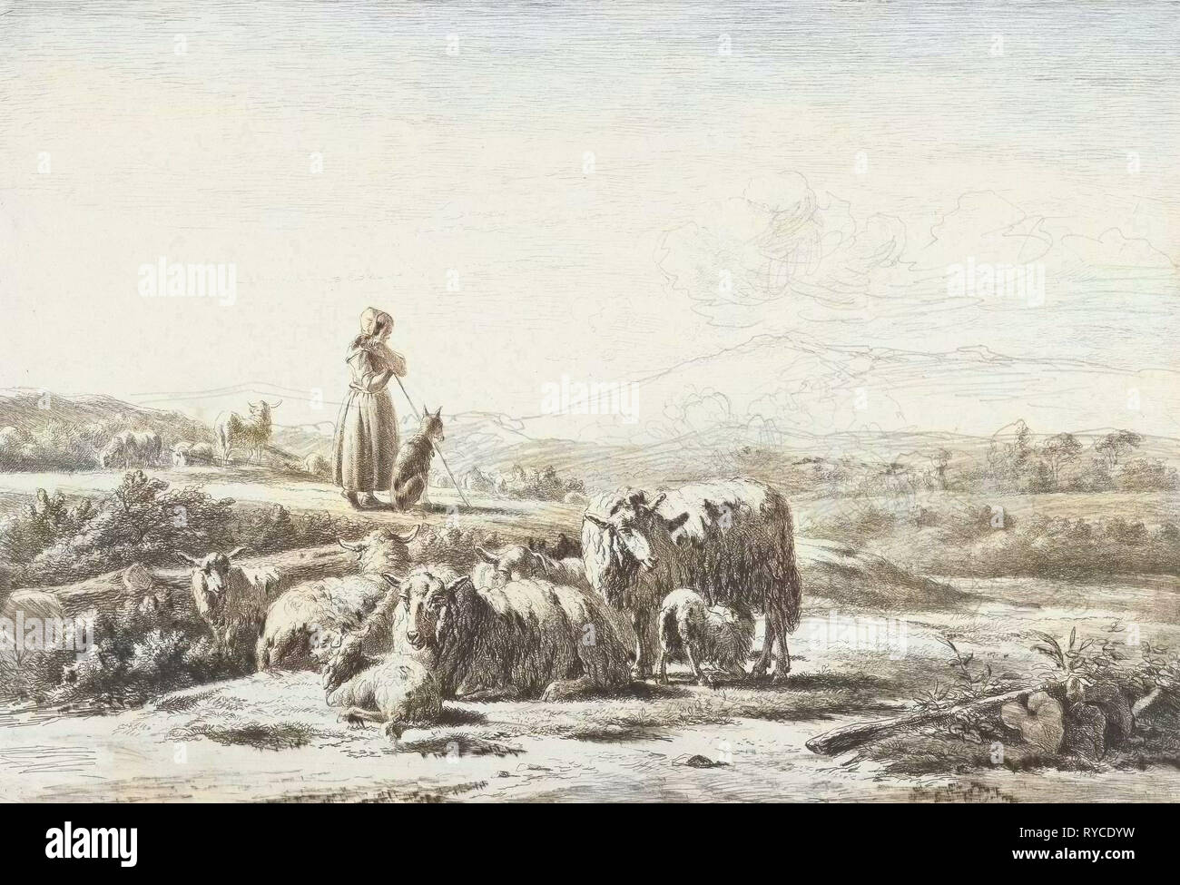 Landschaft mit Hirten und Hund mit Schafherde, Simon van Den Berg, 1822-1899 Stockfoto