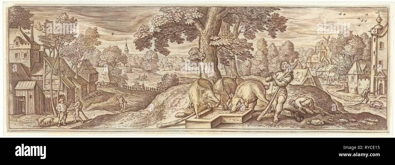 Der verlorene Sohn als ein Schweinehirt, Julius Goltzius, Hans Bol, Claes Jansz. Visscher (II), um 1560-1595 Stockfoto