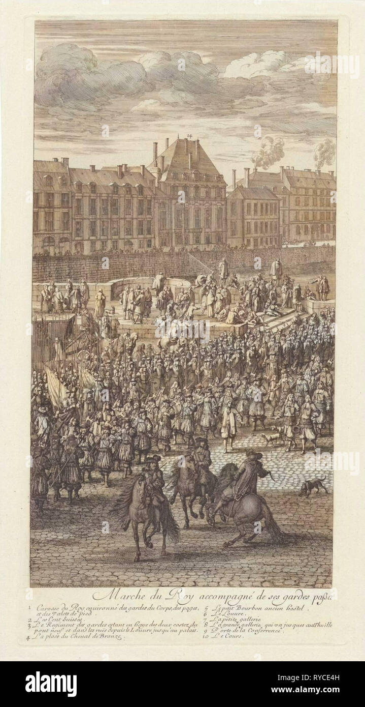 Vor der Prozession von König Ludwig XIV. von Frankreich und seine Entourage auf der Pont-Neuf, Jan van Huchtenburg, Adam Frans van der Meulen, 1667 - 1669 Stockfoto