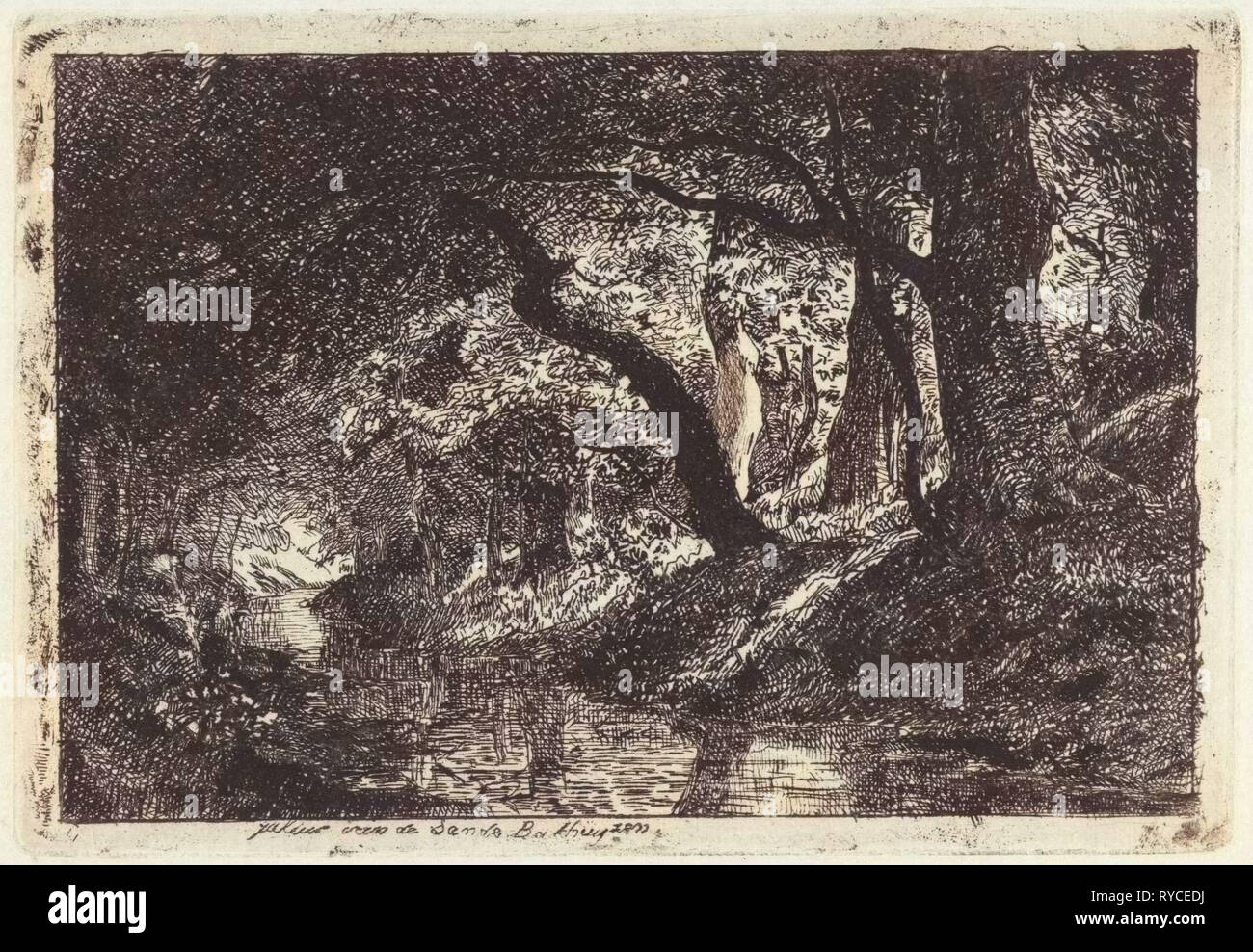 Waldlandschaft mit Bach und Bäume am Ufer, Julius Jacobus van de Sande Bakhuyzen, c. 1845 - c. 1925 Stockfoto