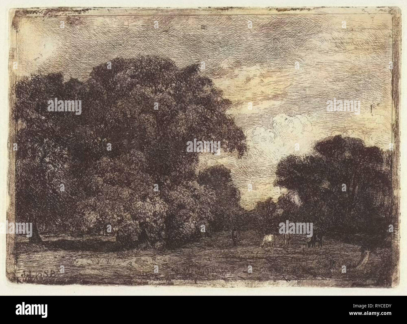 Landschaft mit drei Bäumen und weidenden Kühen, Julius Jacobus van de Sande Bakhuyzen, 1845-1925 Stockfoto