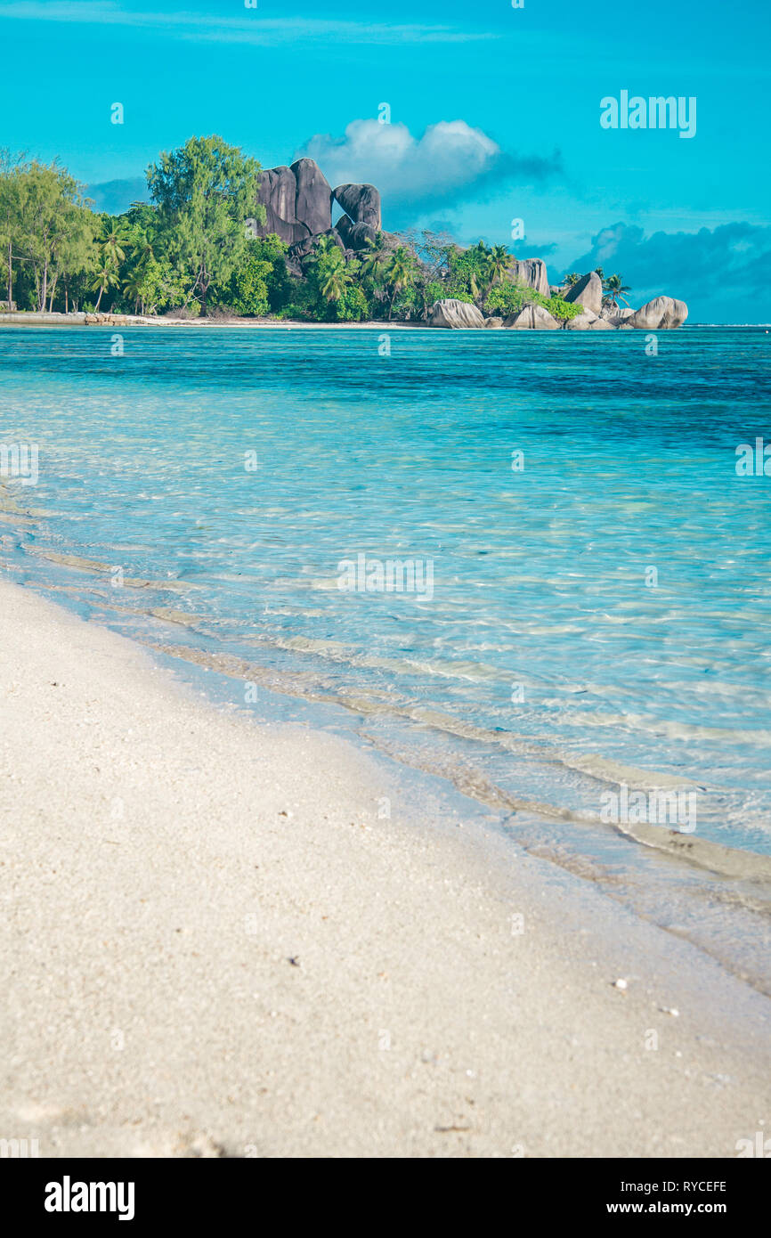 Der schönste Strand der Seychellen - Anse Source D'Argent Stockfoto
