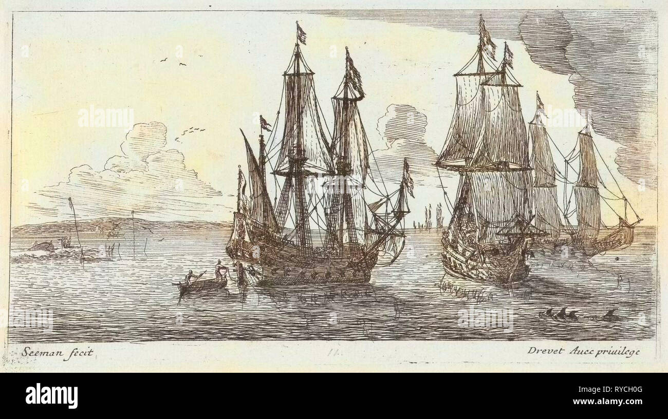 Drei Schiffe vor der Küste, Anonymous, Pierre Drevet, 1650-1738 Stockfoto