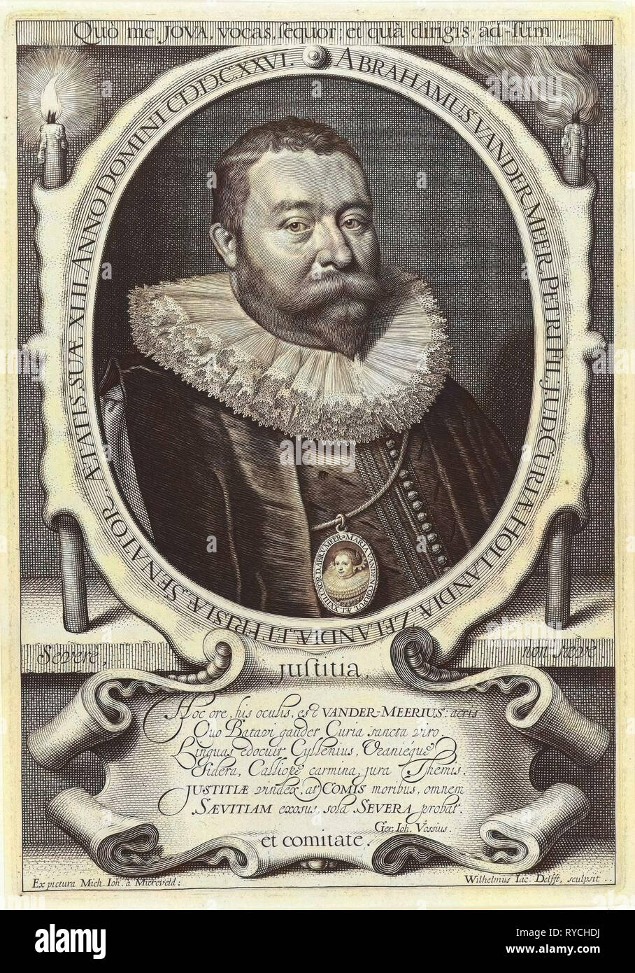 Portrait von Abraham van der Meer im Alter von 42 Jahren mit Miniatur Porträt seiner Frau Maria van Der corput im Alter von 23 Jahren, Willem Jacobsz. Delff, Joannes Gerardus Vossius, 1626 Stockfoto