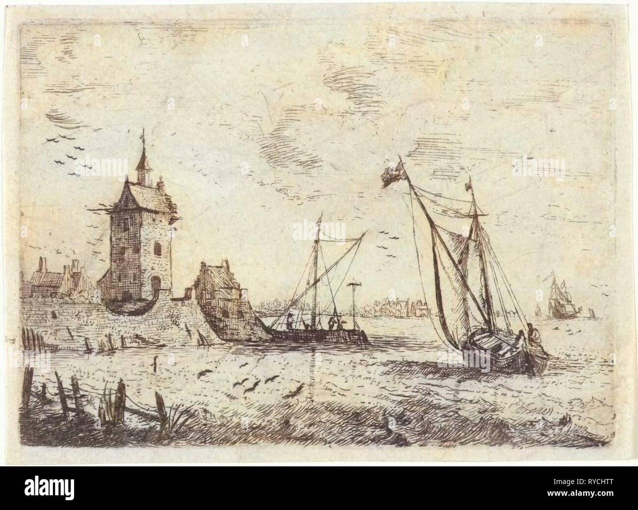 Hafen Sie-Szene mit einem Wachturm, Bonaventura Peeters (I), 1624-1652 Stockfoto